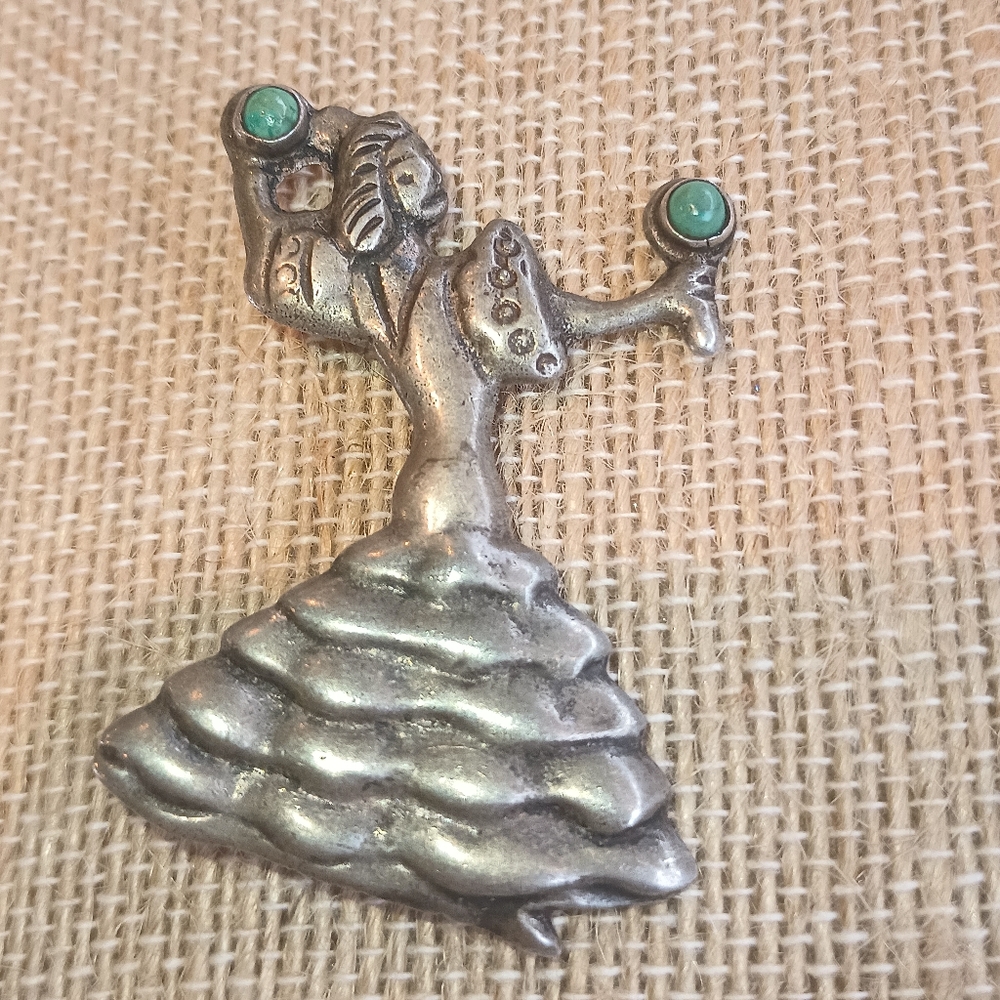 Vintage Sterling Mexican Dancing Woman Turquoise Maracas 1 5/8” brooch pin